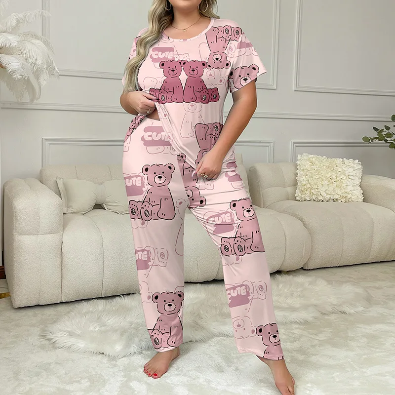 Large Size Oversized 5XL Women\'s Pajama Set Round Neck T-shirt Trousers Sleepwear Cartoon Bear Print Pyjamas Female Loungewear