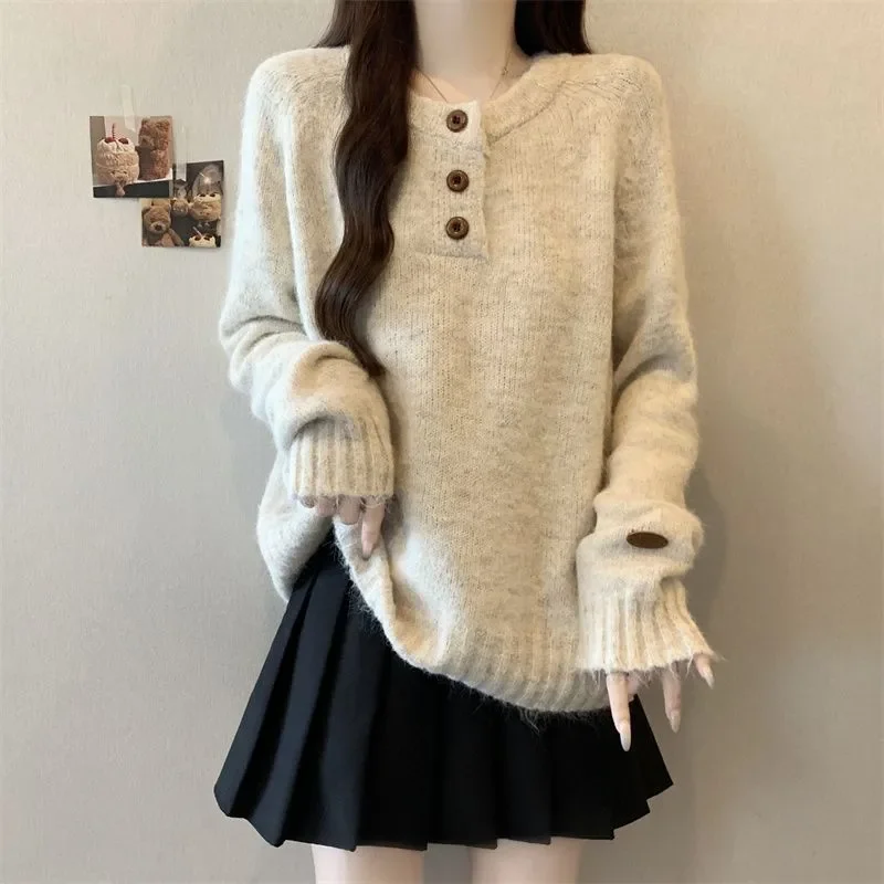 Autunno e inverno stile pigro morbido e ceroso tinta unita casual camicia con fondo allentato top maglione lavorato a maglia stile coreano