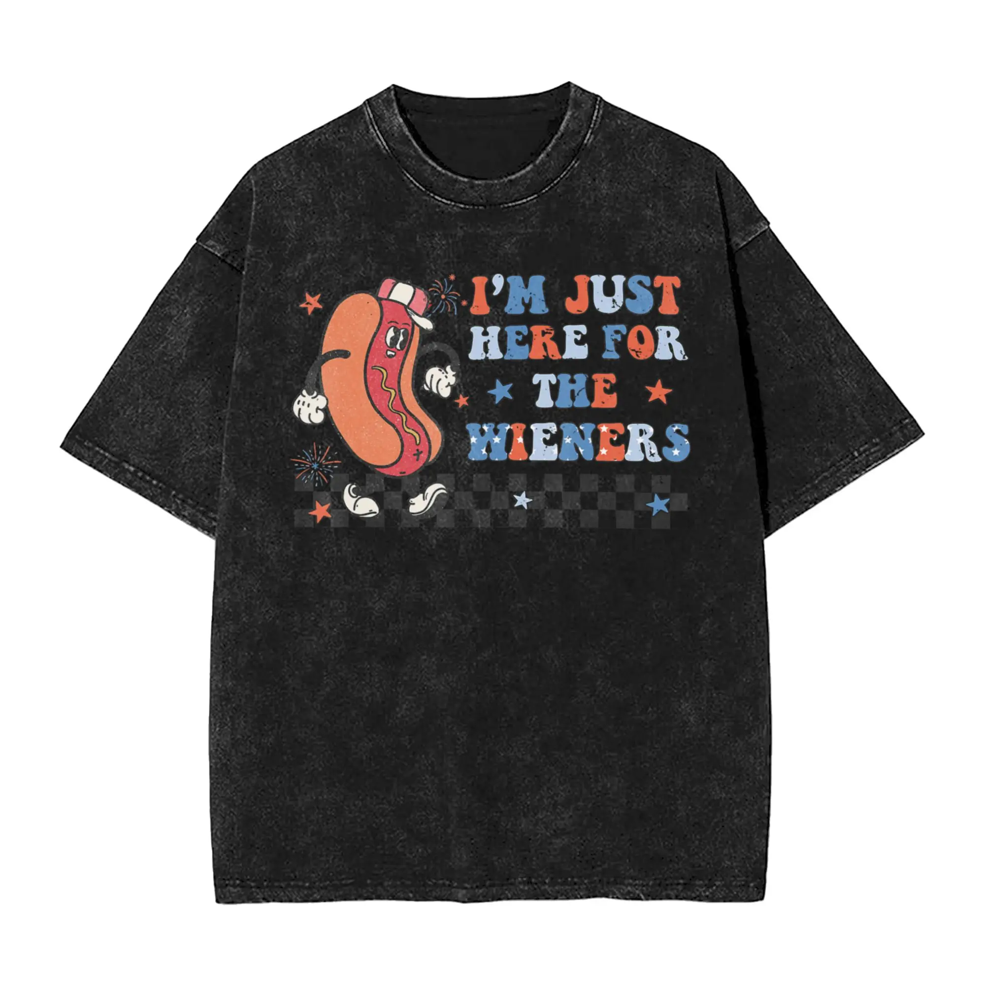 Harajuku Washed Shirt Hot Dog I'm Just Here for The Wieners 4Th of July  Merch Fashion T Shirt Oversize  Streetwear