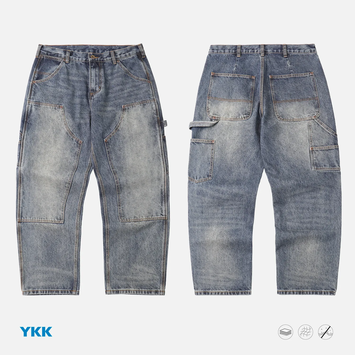 

Retro Waed Distred Knee High Denim Jeans Men's Workwear Sle Wooutting Spray aque Cleanfit Tight Fit Jeans