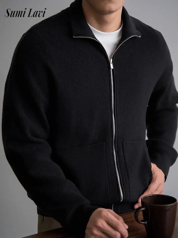 

Модные мужские облегающие вязаные куртки, осенне-зимние повседневные однотонные вязаные кардиганы на молнии, мужские винтажные свитера с лацканами
