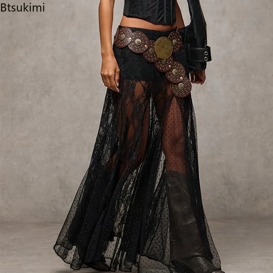Women Y2K Summer A Line Long Skirt High Waist Lace Patchwork Sexy Maxi Skirt Elegant Travel Beach Casual Skirt Party Club Wear