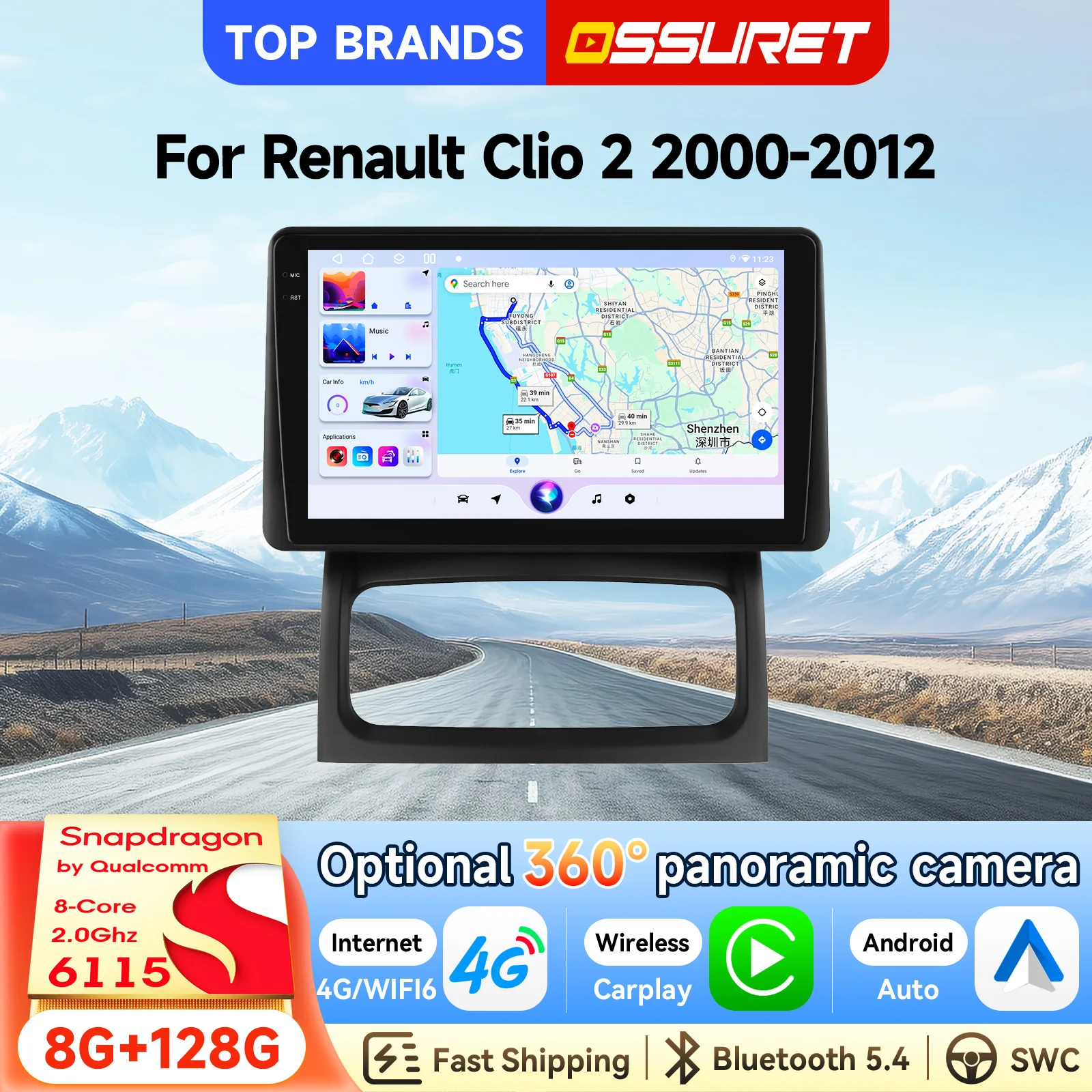 OSSURET Bestseller 2 Din 9 Zoll Android 15 GPS-Navigations-Autoradio für Renault Clio 2 2000-2012, Head Unit mit Snapdragon 6115, Wireless CarPlay, Android Auto, SWC, 8-Kern-DSP-Audio, 4G, Bluetooth,