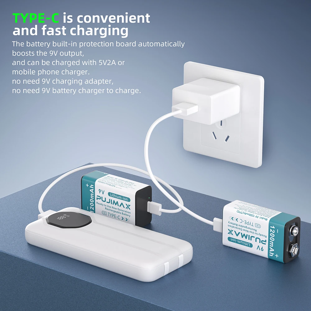 PUJIMAX USB 9 فولت بطارية قابلة للشحن 1200 مللي أمبير نوع-C قابلة للشحن 9 فولت بطارية ليثيوم أيون لنموذج طائرة هليكوبتر متعدد إنذار الدخان #4