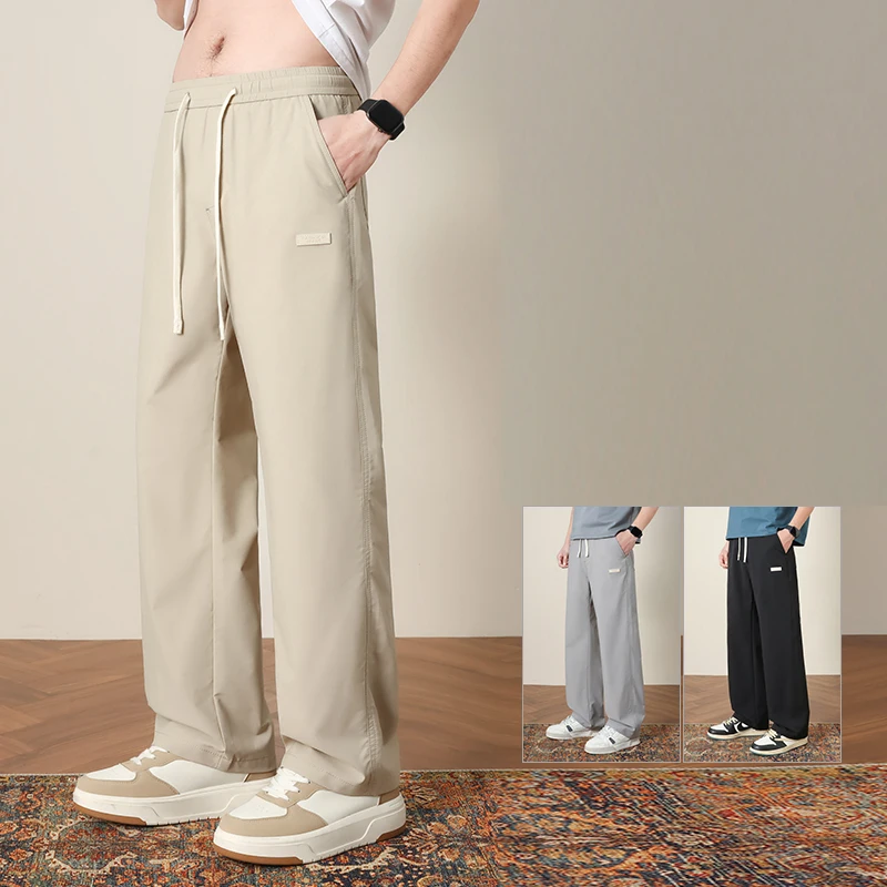 

Летние тонкие мужские эластичные прямые повседневные брюки из высококачественного дышащего ткани, модные, для активного отдыха, из ледяного шелка, быстросохнущие, спортивные штаны