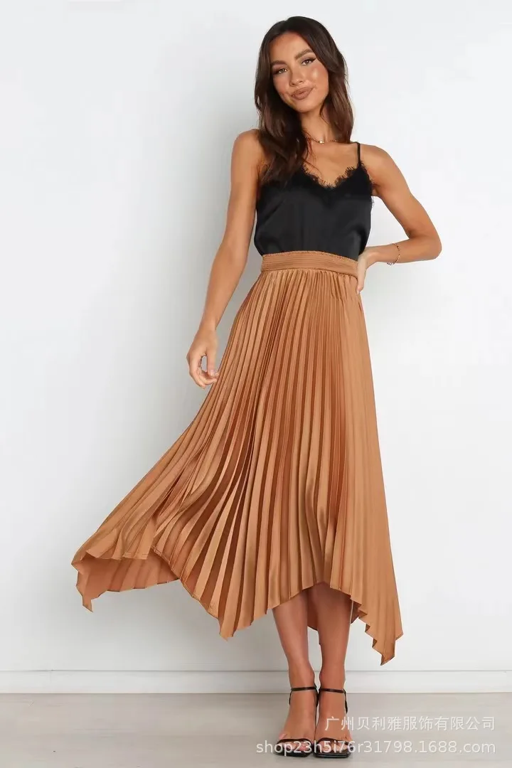 

Women's Pleated Long Skirt Elegant Solid Color Elastic High Waist Skirts Harajuku Female Casual Midi Skirt Streetwear Saias