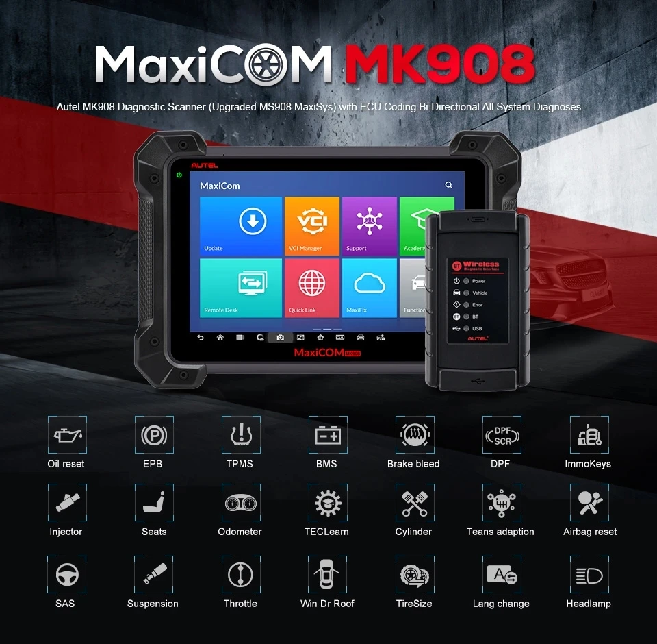 Autel MaxiCOM MK908 OBD2 Car Diagnostic Tool ECU Coding Full System Bi-directional Control Diagnoses Scanner Update of MS908