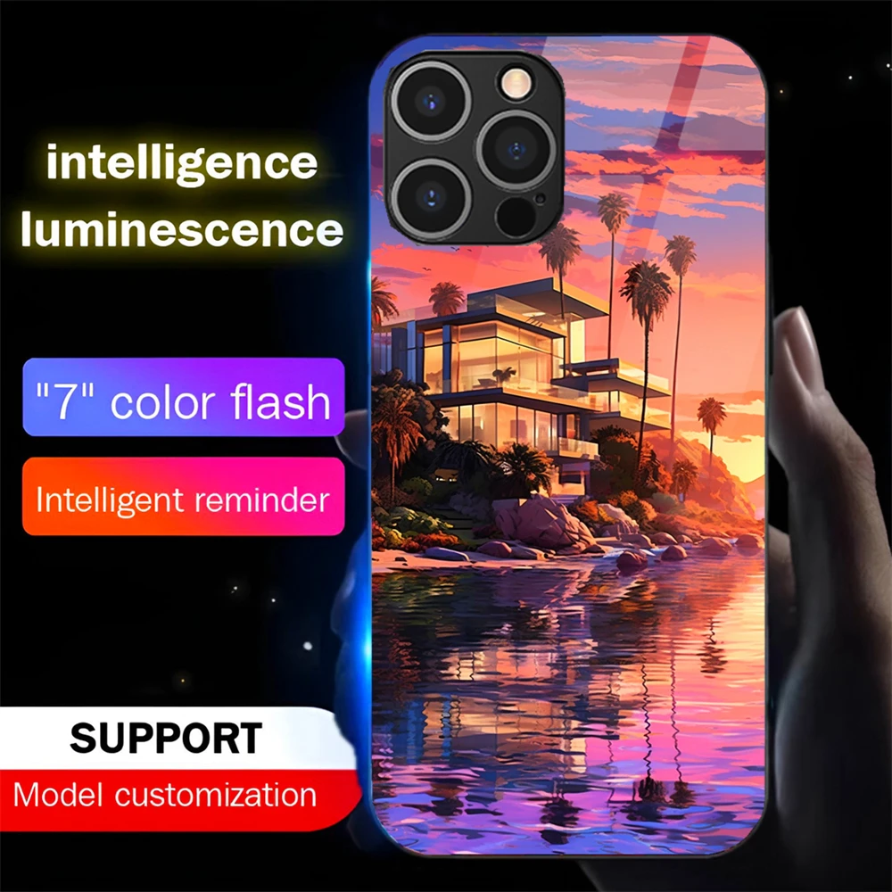 

American Summer Scenery Smart LED Light Glow Tempered Glass Phone Case For Samsung S26 S25 S24 S23 S22 S21 Plus Ultra