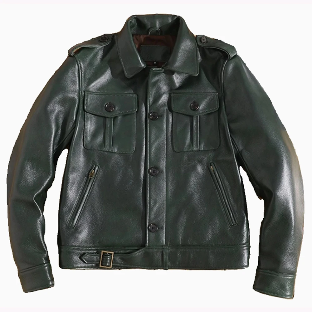 British Imported Cowhide Coats Military Style Short Leather Jacket Genuine Cow Leather Overcoats Winter Green Outerwear Clothing