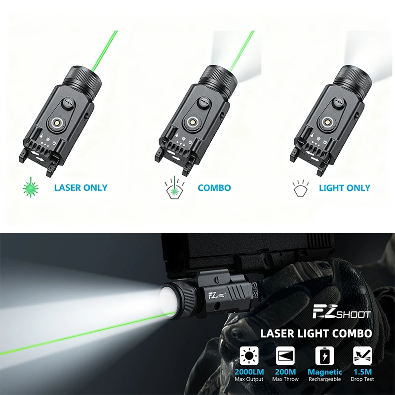 

EZshoot 2000 Lumen Pistol Light Tactical Flashlight Green Laser Sight Combo Rechargeable with Slide Rail for Picatinny Hunting