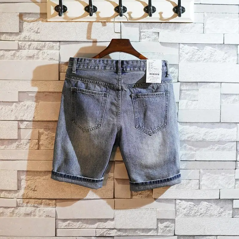 

Summer Trend Men's Distressed Denim Shorts Faded Blue Slim Fit Retro Street Style