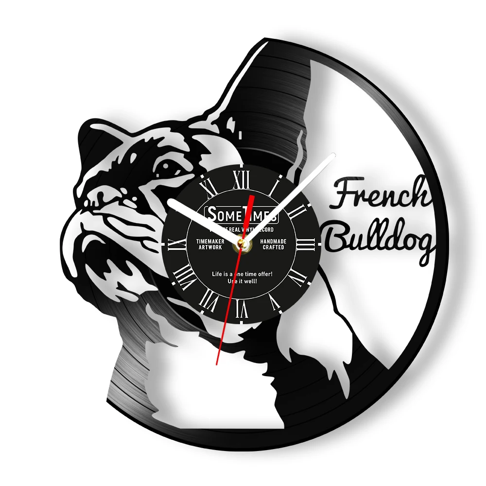 Gepersonaliseerde hond naam Franse Bulldog vinyl record wandklok puppy Frenchie aangepaste wandklok gemaakt van echt muziekalbum Lomgplay