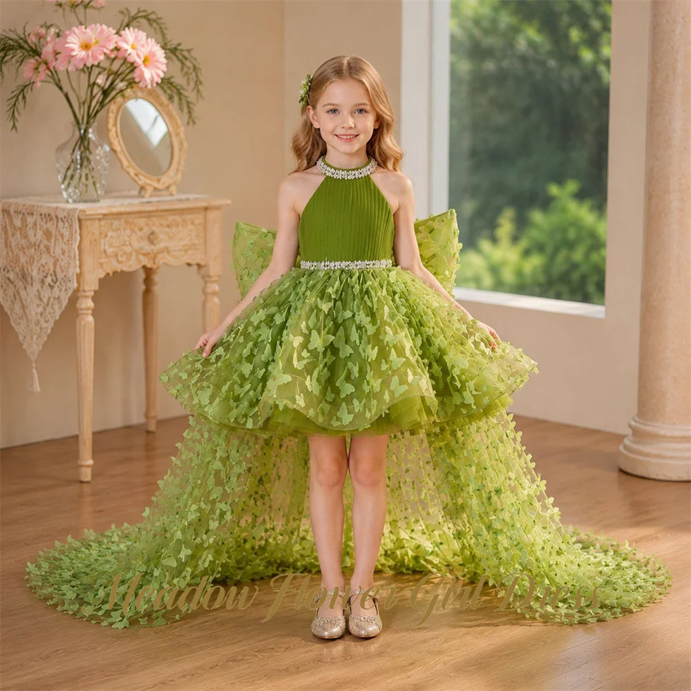 Meadow Waist Rhinestone Pearl Trim Flower Girl Dress Back Bow Kids Birthday Party Dress Halter Tutu Fluffy Prom Gown Customized