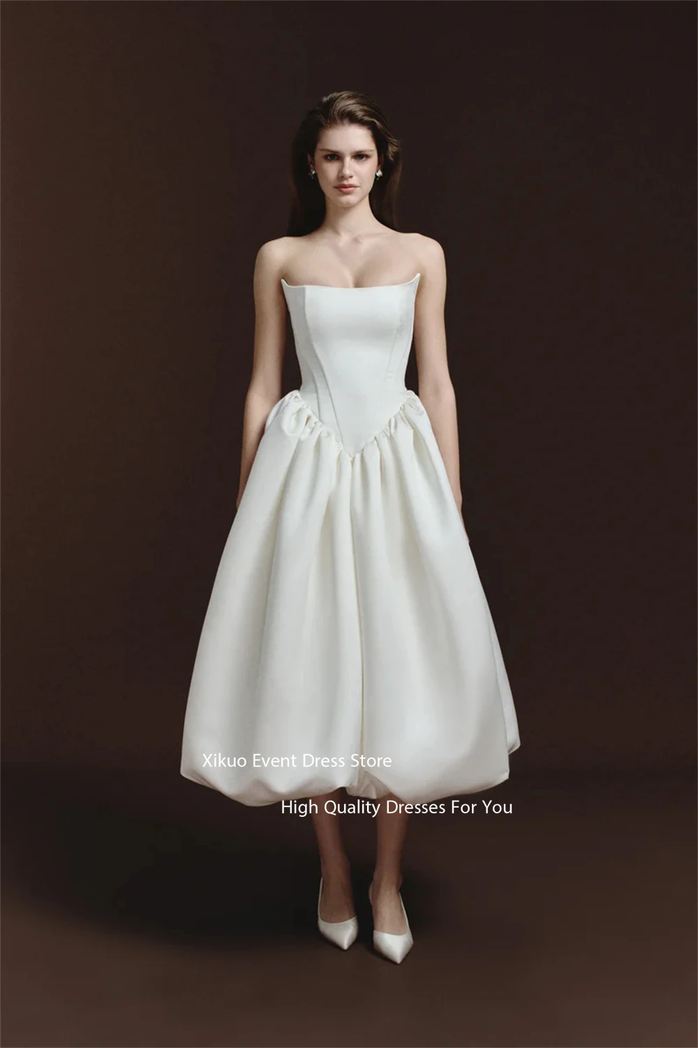 Xikuo Sleeveless Ribbons Elegant Wedding Dress Strapless Midi Length Vestidos De Novia A Line Bridal Gowns For Girl Customized