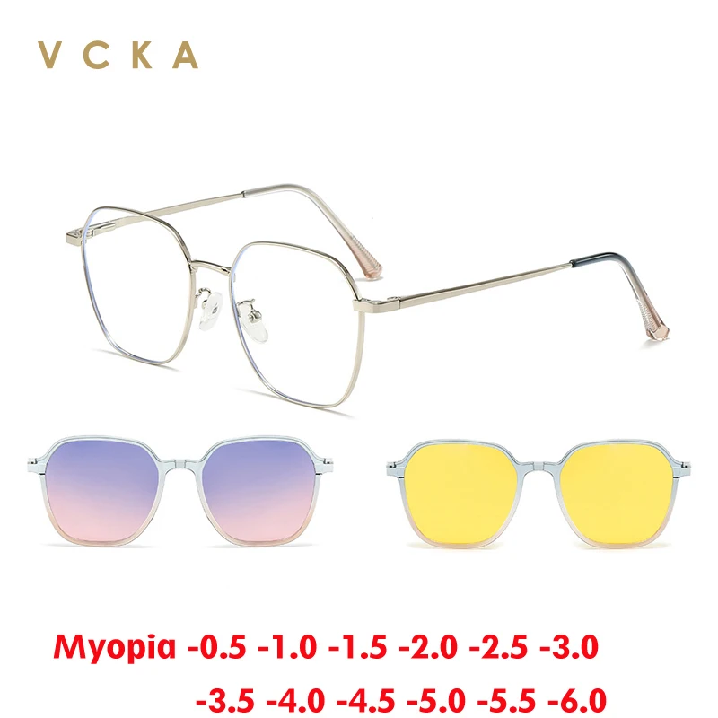 VCKA Women  Polarized Myopia Sunglasses 3 in 1 Men Fashion Magnetic Clip Eyewear Prescription Custom Glasses Frame -0.5 to -6.0