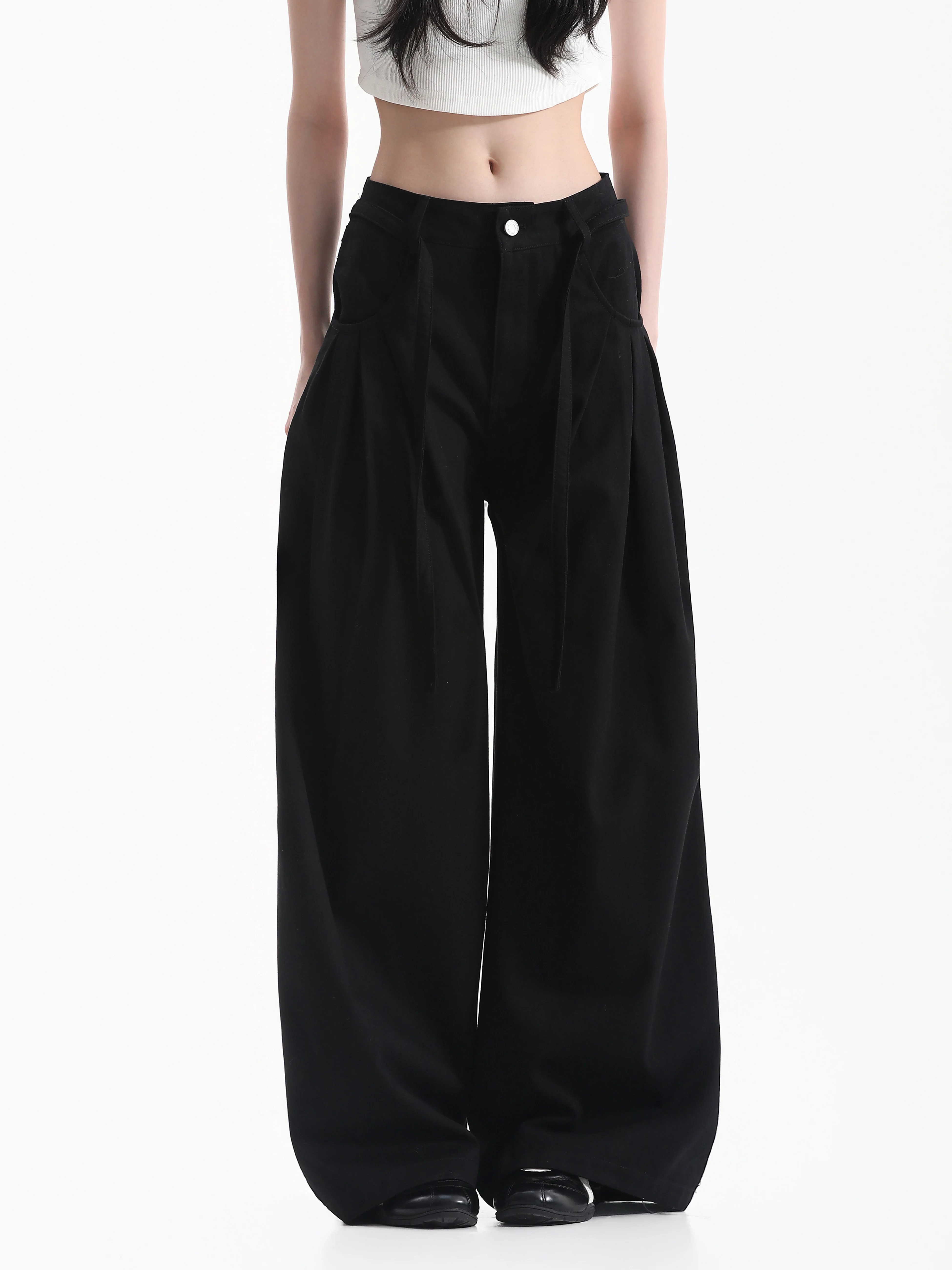 Neutral Style Wide Leg Workwear Pants Draped Gored Autumn Korean Design Sensation Loose Fit Natural Waist Button Closure