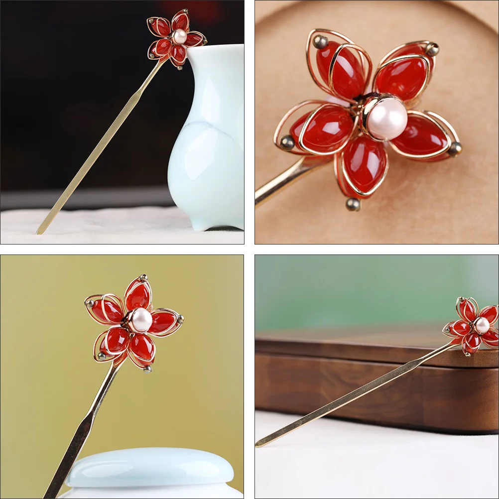 

Retro Floral Hairpin Pearl Long Chinese Hair Stick Elegant Hair Bun Holder for Party Oriental Headdress