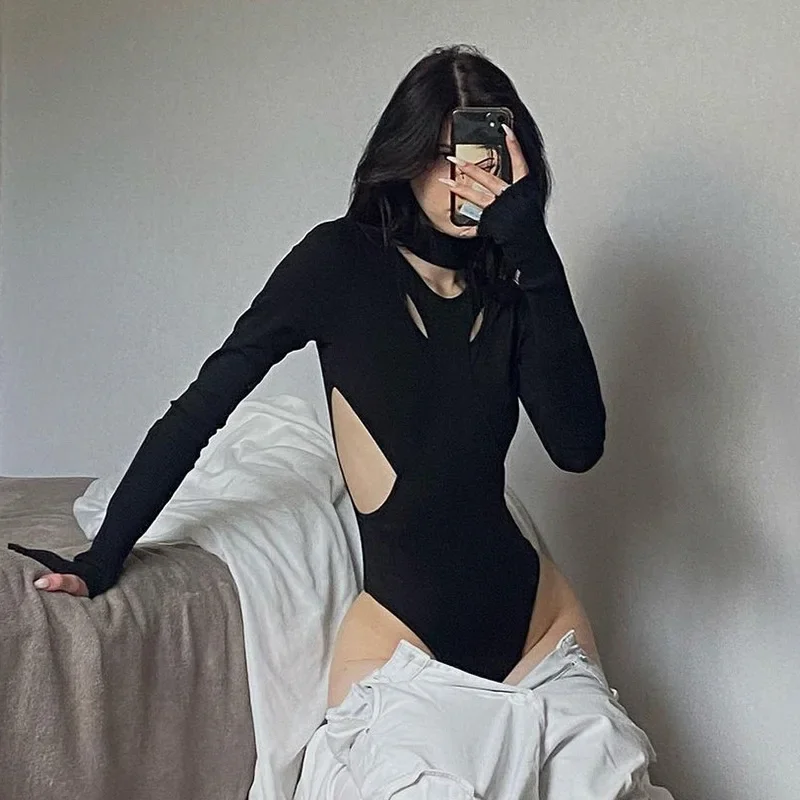 2023 Fall Women's New Fashion High Neck Fake Two Pieces Irregular Hollow Stitching Pure Color Thin Bodysuit Sexy Y2k White Black