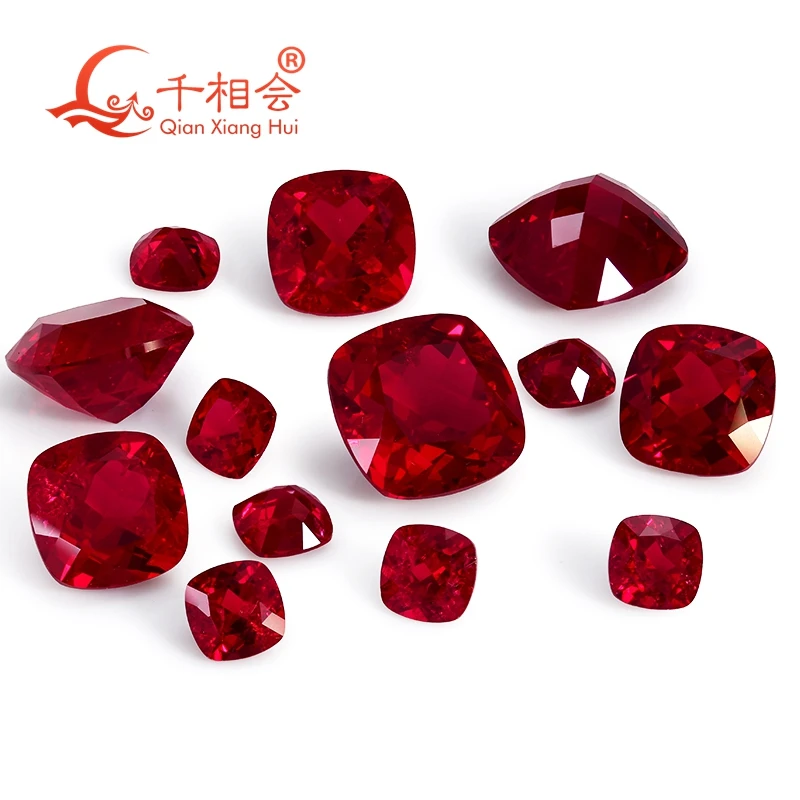 Pigeon Blood Red color lab created ruby cushion shape natural cut including minor cracks inclusions loose gem stone jewelry