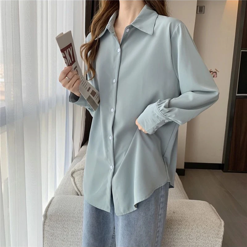 GIDYQ Women Chiffon White Shirt Korean Fashion Loose Long Sleeve Tops Casual Office Ladies All Match Shirts Spring New