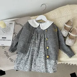 new autumn spring girl flower dress sweater cardigan top clothes 2pc cotton children baby kids students  fashion  90-140 2-7y
