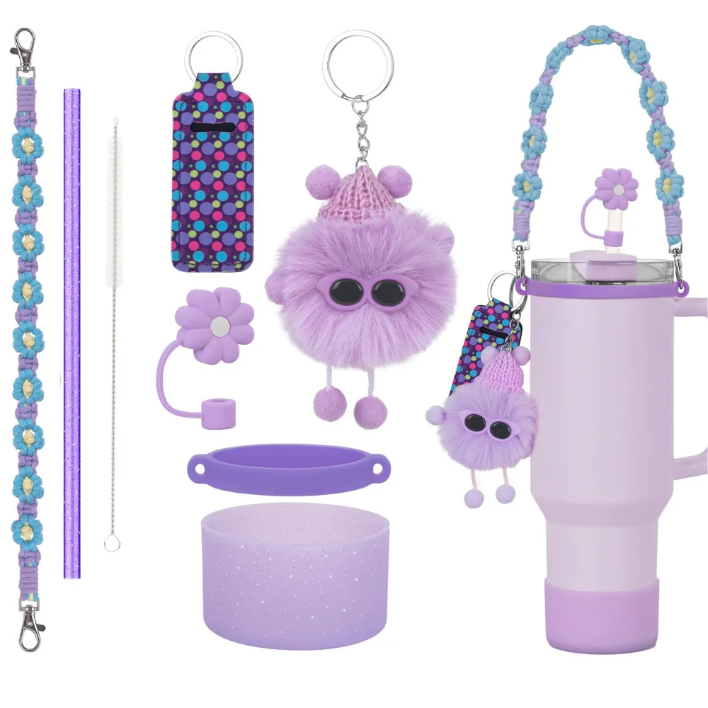 Hot Selling for for Stanley Cup Pom Pom Keychain Floral Straw Cover with Straw Brush Hand Strap Cup Sleeve