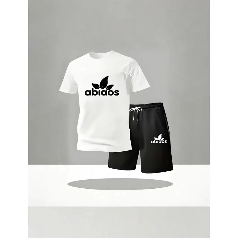 

2026men's casual short sleeved shorts set, 2-piece set, breathable, round neck, fashionable outdoor, clover print