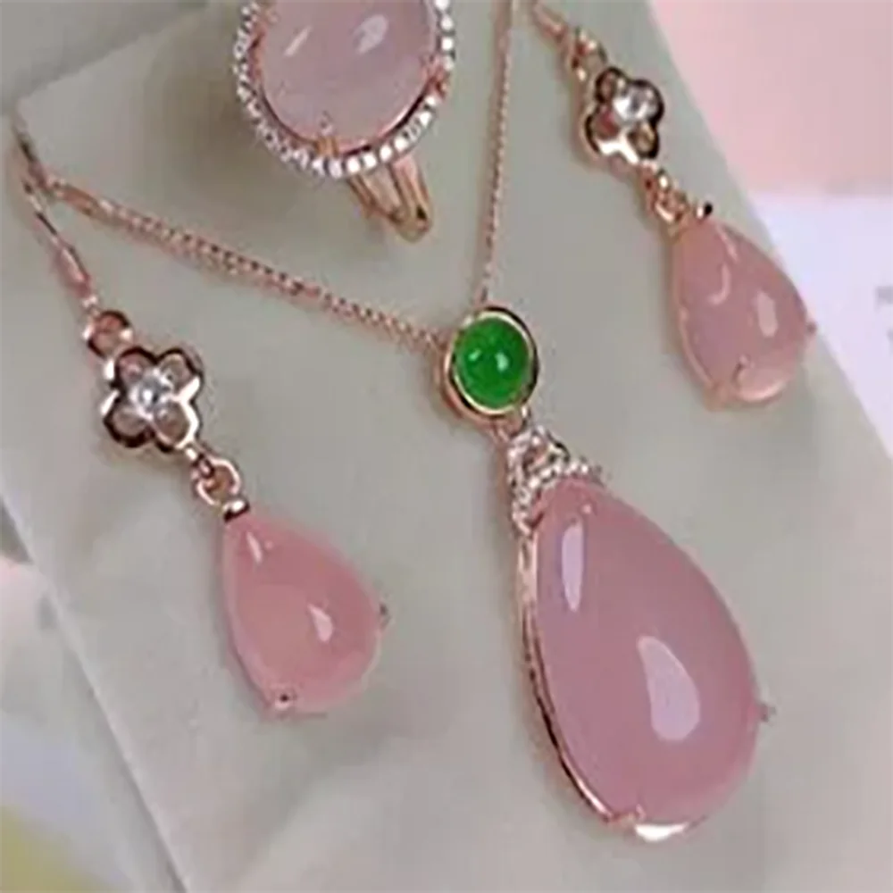 

silver green pink agate jade Water drop earring pendant ring set rhinestone Zircon crystal gem Jewellery