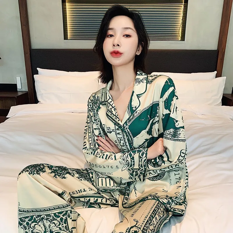 New Two-Piece Pajamas Female Spring And Autumn Summer Maternity Ice Silk Home Wear Monthly Clothing Breastfeeding Pajamas