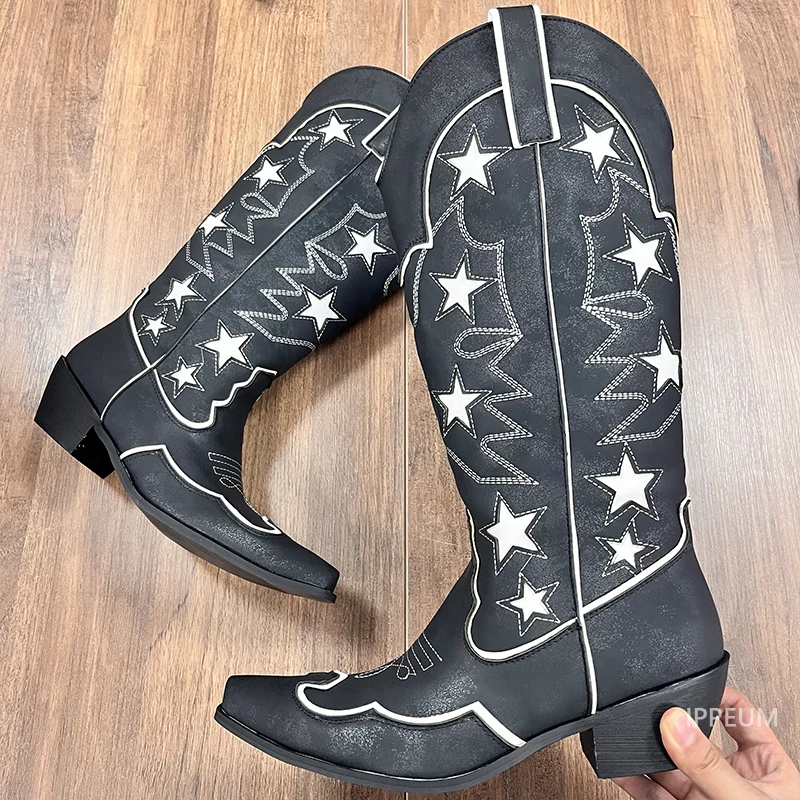 IPPEUM Western Cowboy Boots Star Leather Black 2024 New In Women Wide Calf Chunky Heel Girl Shoes Cowgirl Plus Size 43