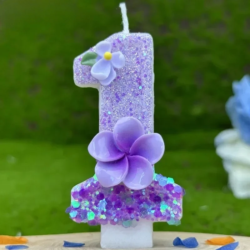 0-9 Purple Flower Birthday Candles for Cake Number Birthday Candle for Girls Cake Topper Decoration,Party Decoration