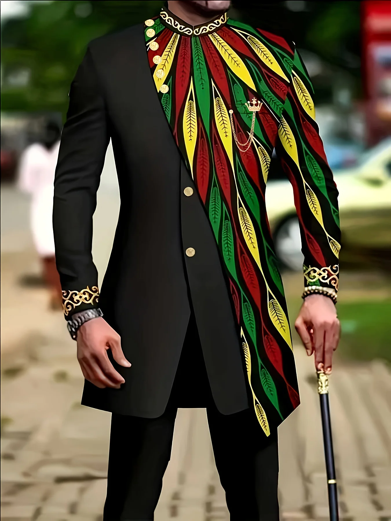 

Men's casual two-piece suit set with long sleeves, mid-length jacket and trousers.