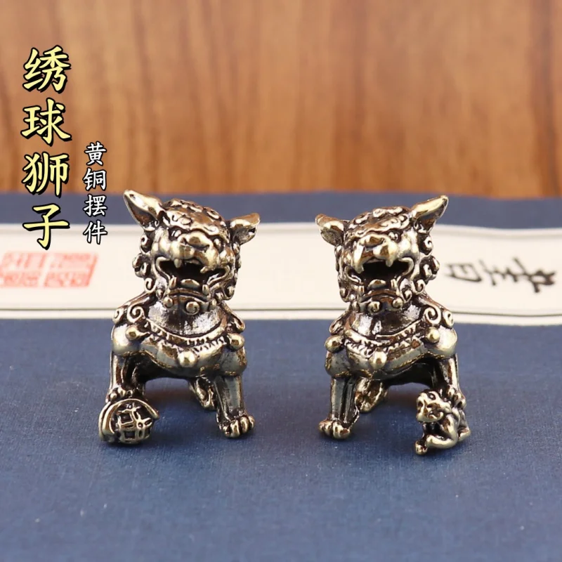 Pure Brass Hydrangea Lion Guard Lion Home Decoration Desktop Tea Pet Handheld Vintage Craft Small Ornament