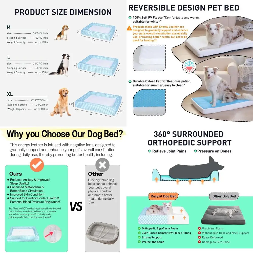 

Прочная ортопедическая лежанка для собак XL с подушкой, охлаждающая пена с эффектом памяти, съемный моющийся чехол, нескользящее основание, синий