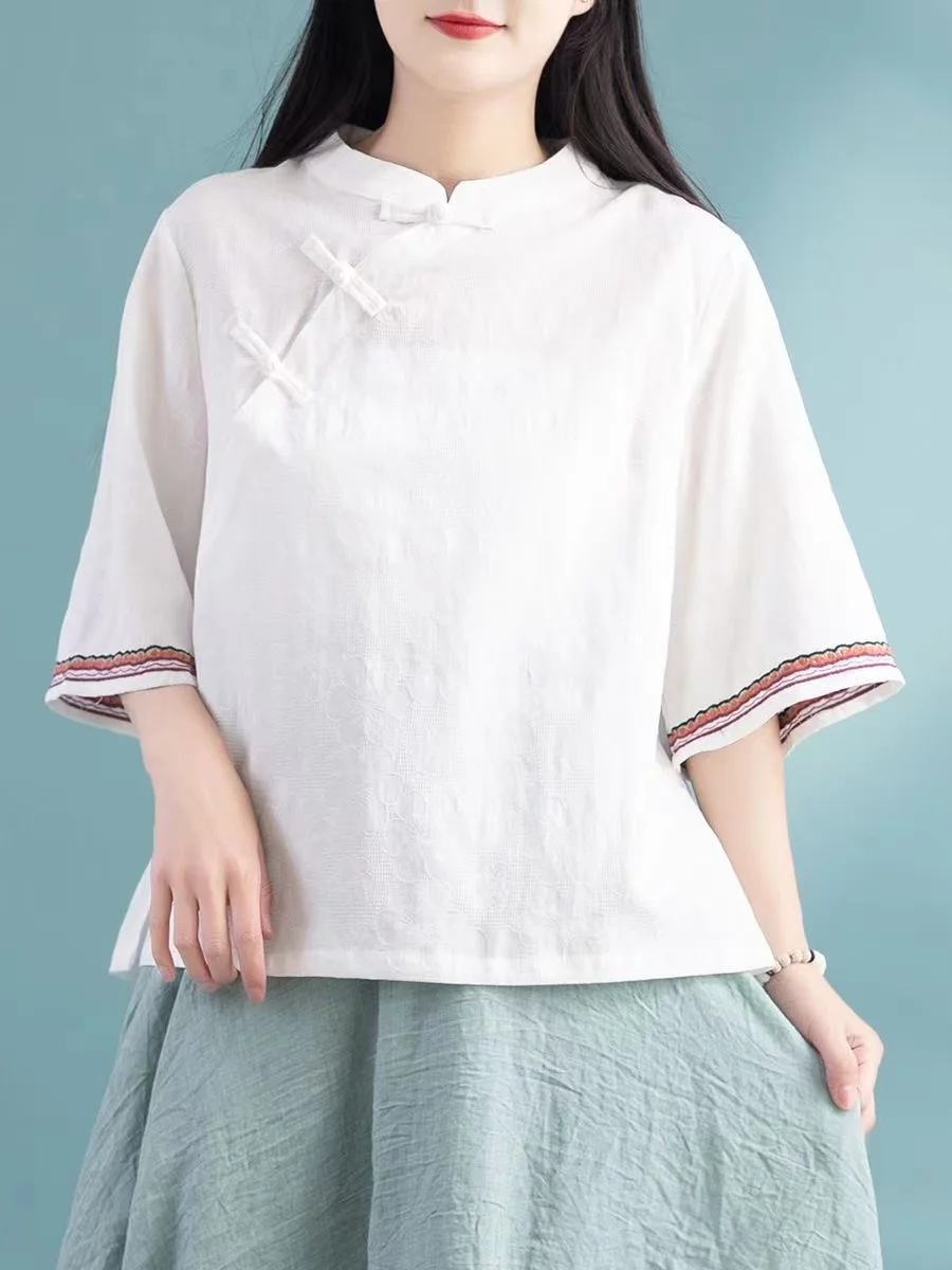 Summer Short Sleeve Embroidered Cotton Linen Shirt Artistic Style Button Placket Tapestry Floral Print Casual Commute Loose Fit