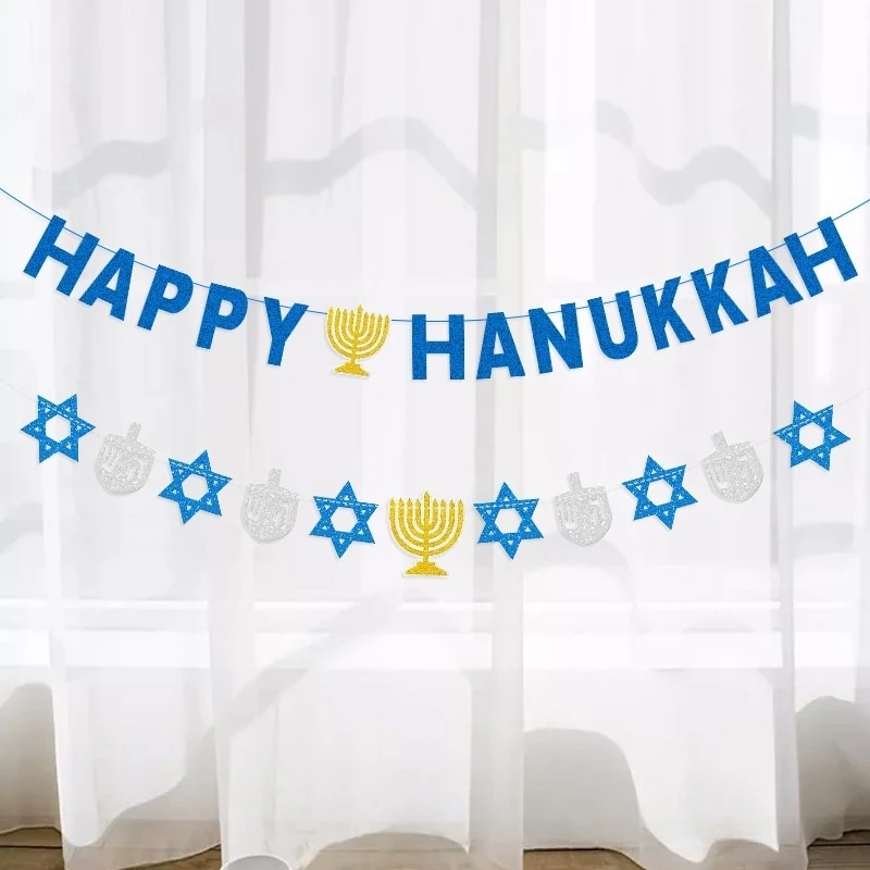 3M Hanukkah Party Decoration Banner HAPPY HANUKKAH Candlestick Six-Pointed Star Paper Hanging Garland for Home Party Decor