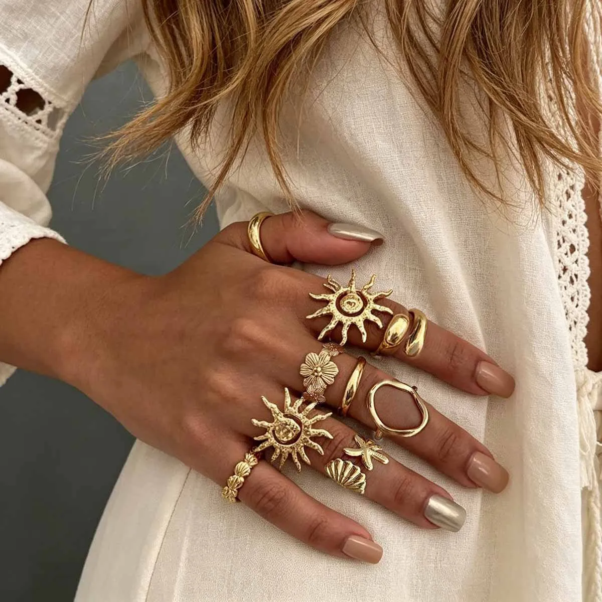 8 Pcs/Set Bohemia Sun Starfish Shell Open Rings for Women Trendy Punk Geometric Gold Color Knuckle Joint Ring Beach Jewelry Gift