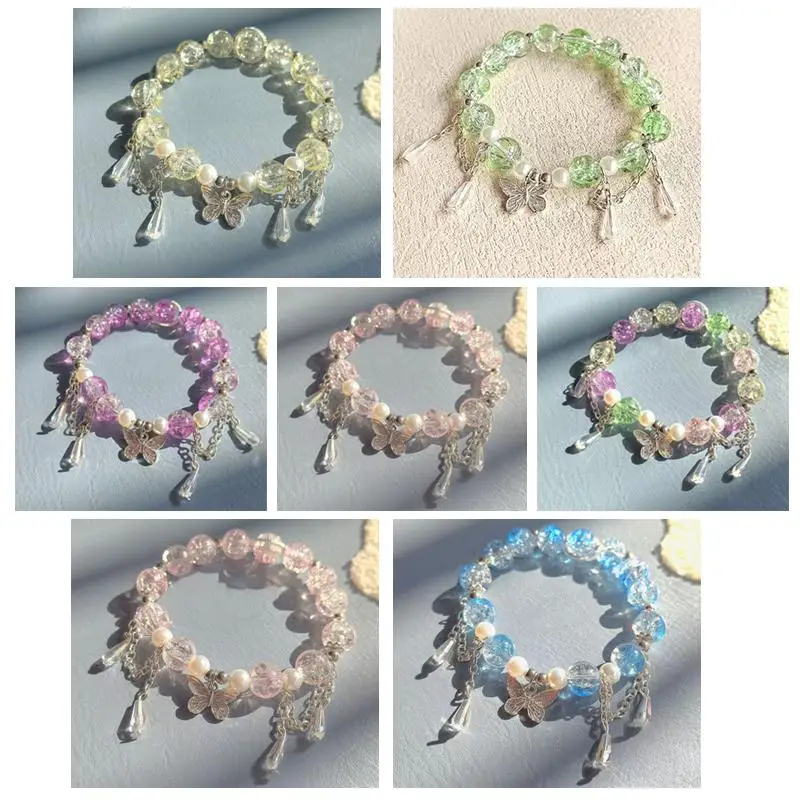 Korean Style  Butterfly Beaded Bracelet for Women Sweet Handmade Jewelry Adjustable Wristlet for Daily and Festival Wear