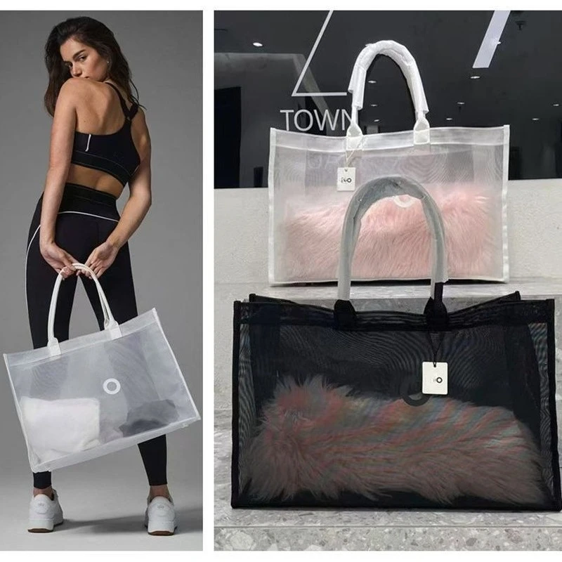 

Clear Mesh Tote Bag for Gym & Yoga, Large Wet Pocket Sports Bag, Waterproof Beach Shower Tote, Perfect Shopping & Travel Bag