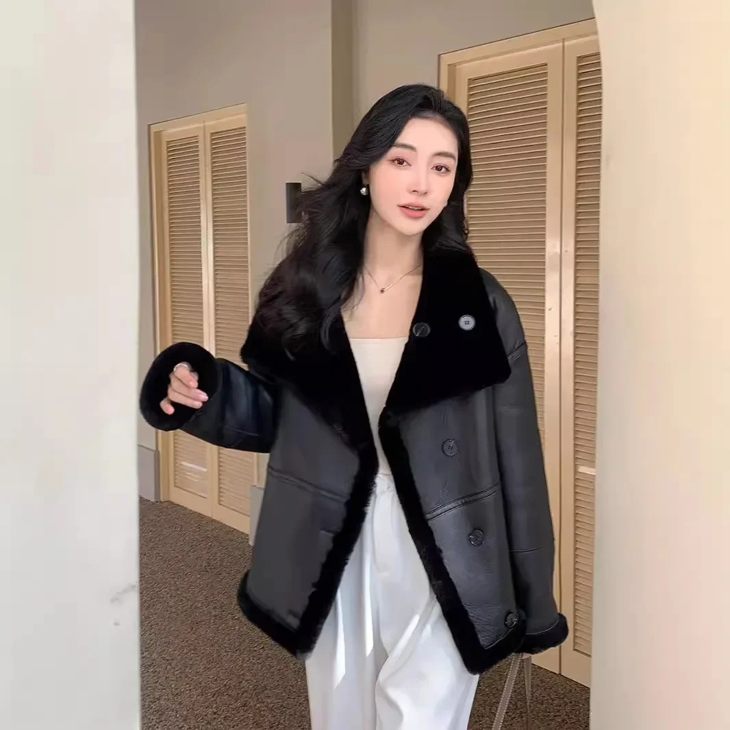 Winter Hot Sale Real Wool Fur Integrated Sheepskin Coat Women\'s Medium and Long Slim Black Genuine Leather Jacket Women Clothes