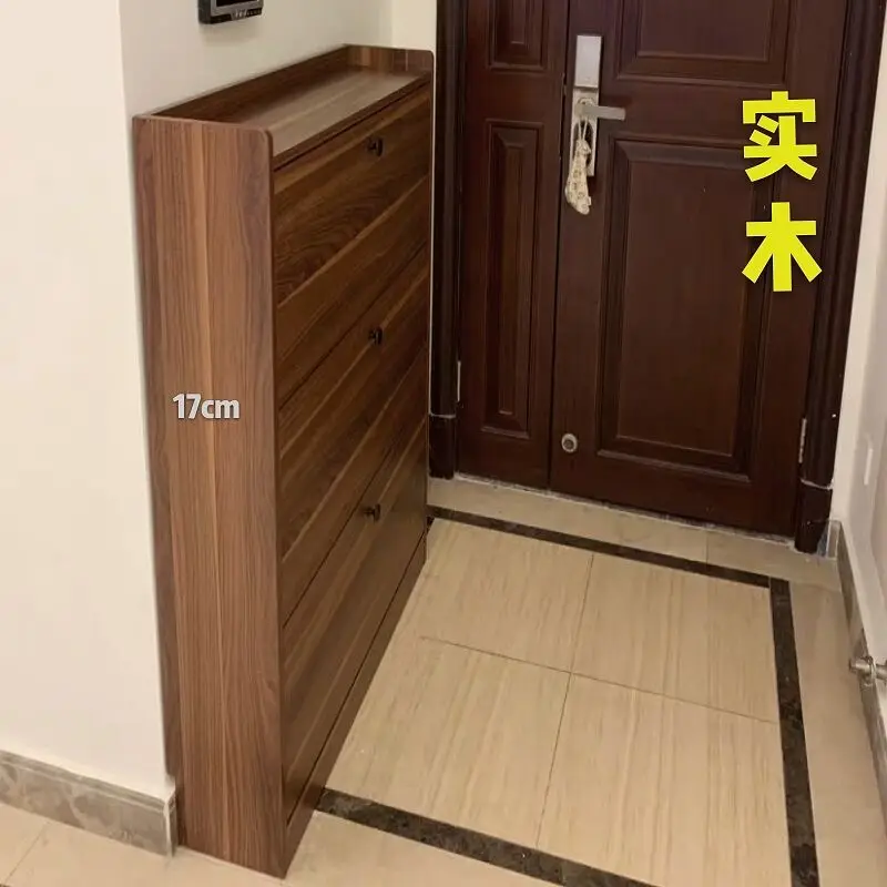 Walnut shoe cabinet, ultra-thin flip bucket into the house, narrow entry, 17cm solid wood color entrance small apartment