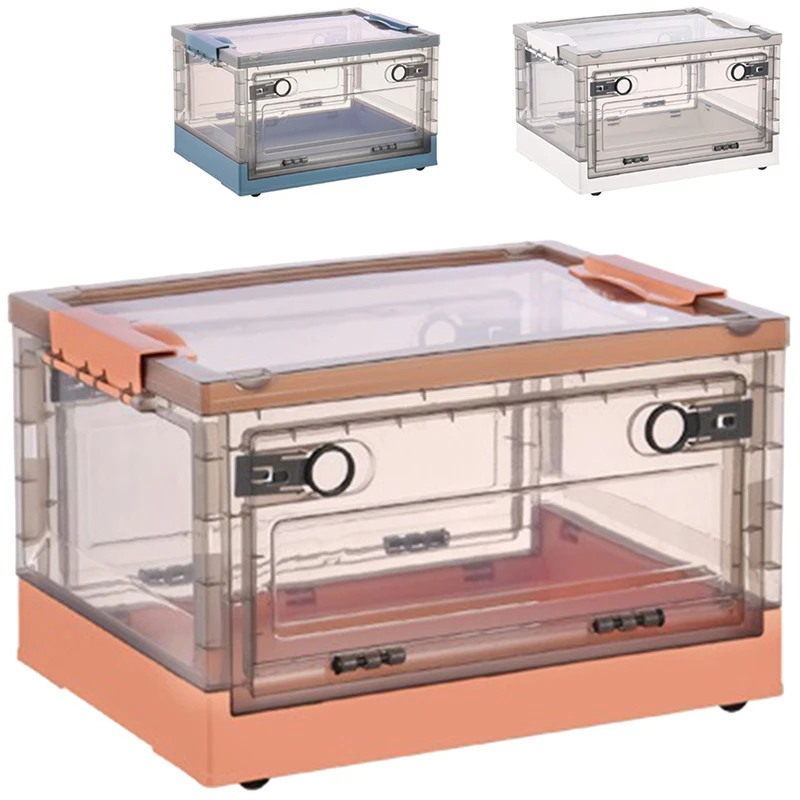 Collapsible Storage Bins With Double Side Doors , Clear Storage Boxes With Lid , Organization Box With Wheels