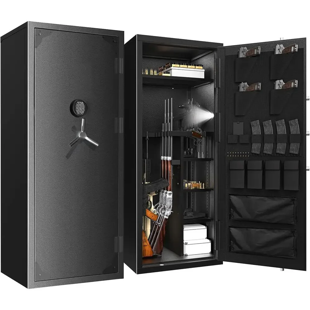Long Gun Safe with 20-30 Rifle Capacity, Removable Shelves, Silent Operation, External Battery, LED Light, and 180° Door Organiz