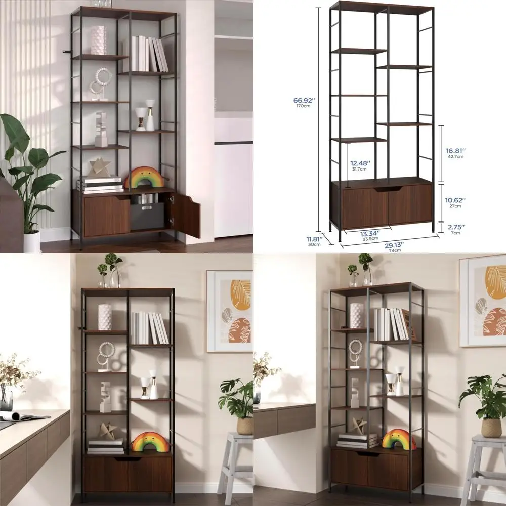 

Industrial Retro Style 6-Tier Bookshelf with Storage Cabinet, Tall 67 Inch Open Display Bookcase, Freestanding for Home and Offi