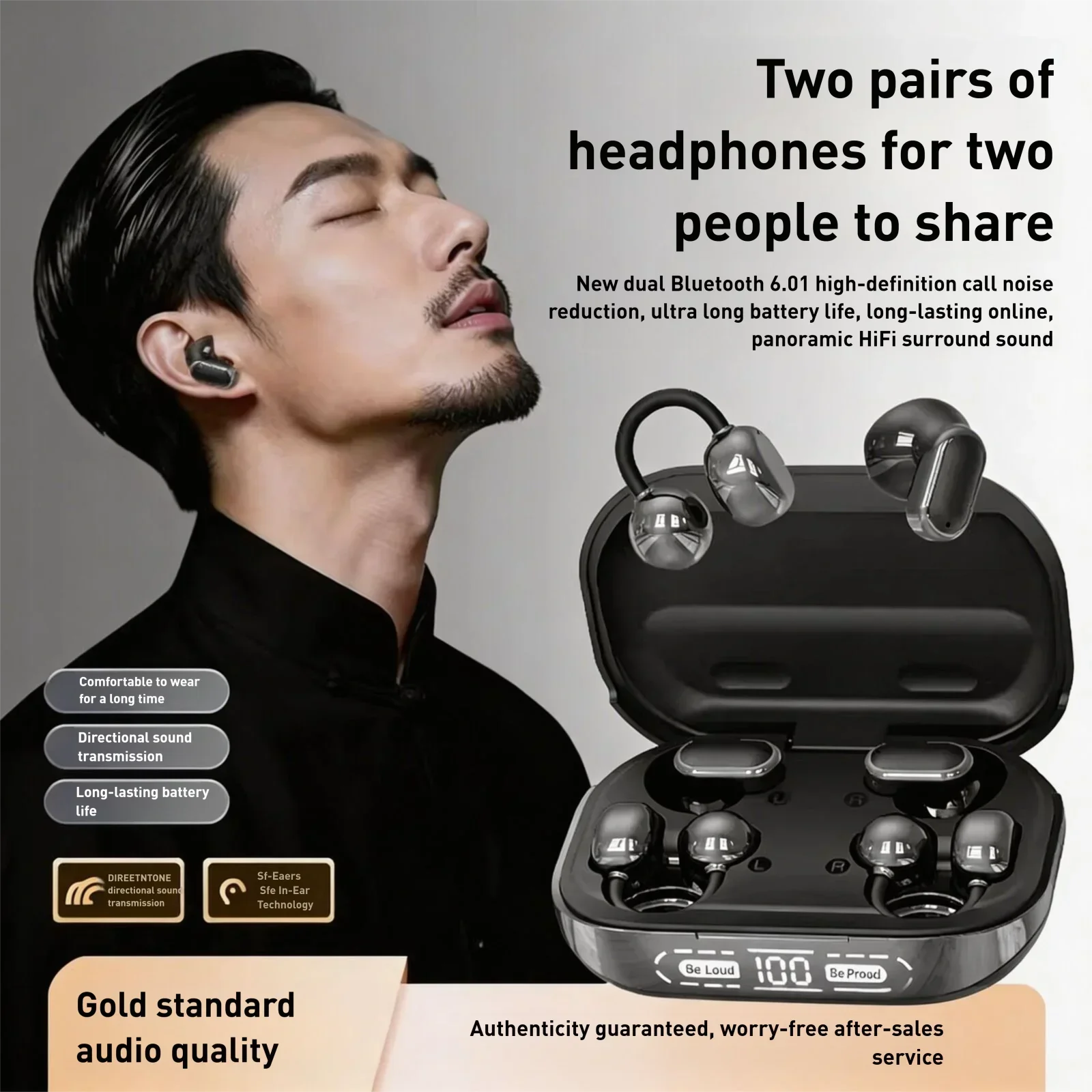 Gaming Headset Bluetooth Headphones TWS, 4 Earbuds in 1 Case, In-Ear & Ear Clip, Dual-User Sharing, 2 Wearing Styles, Open-Ear