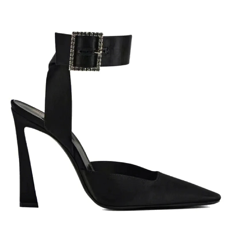 

High Heels Women's 2024 Catwalk Baotou Rhinestone Square Buckle Women's Shoes Stiletto Heel Black Satin Square Toe Single Shoes