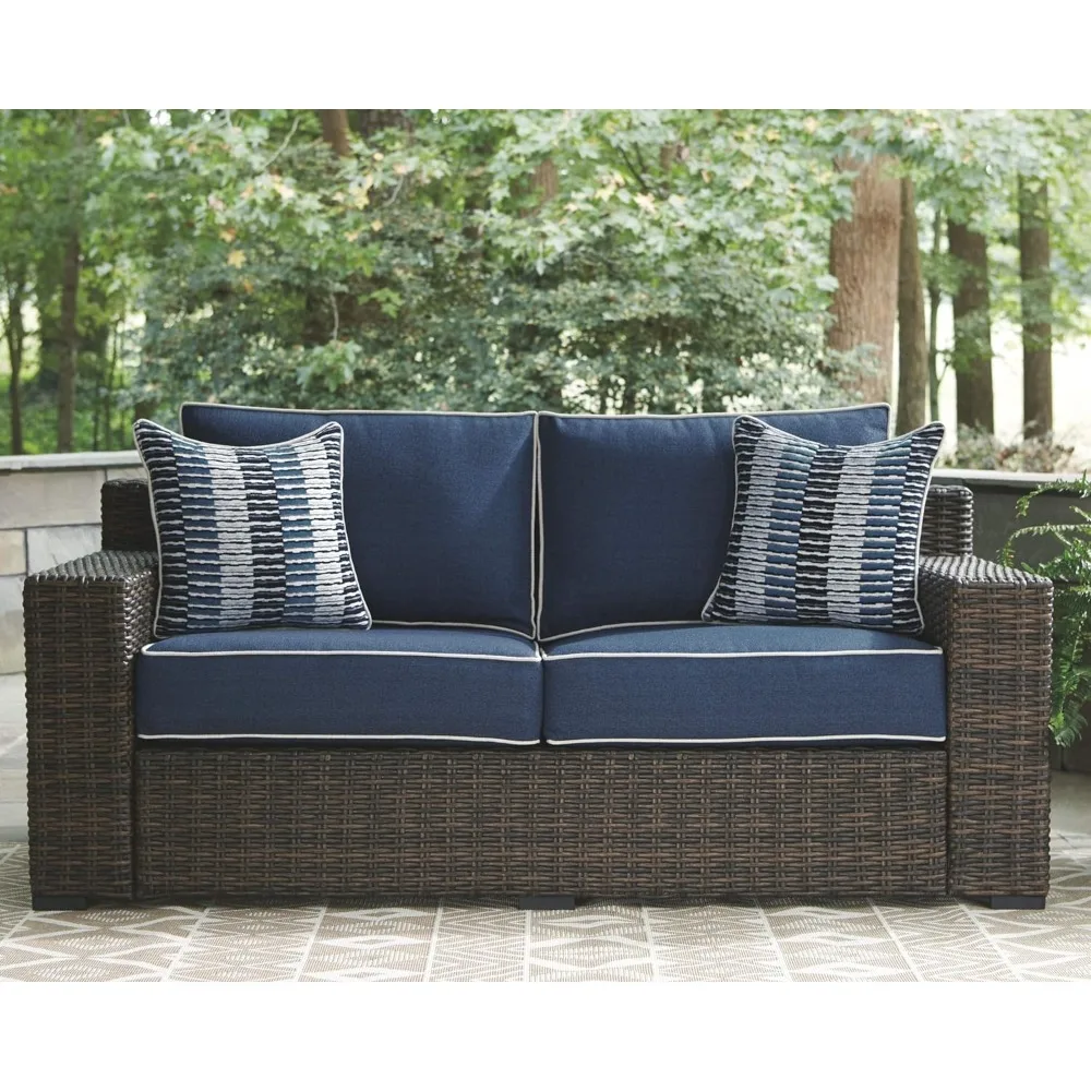 Grasson Lane Modern Farmhouse Outdoor Patio Loveseat, Brown & Blue