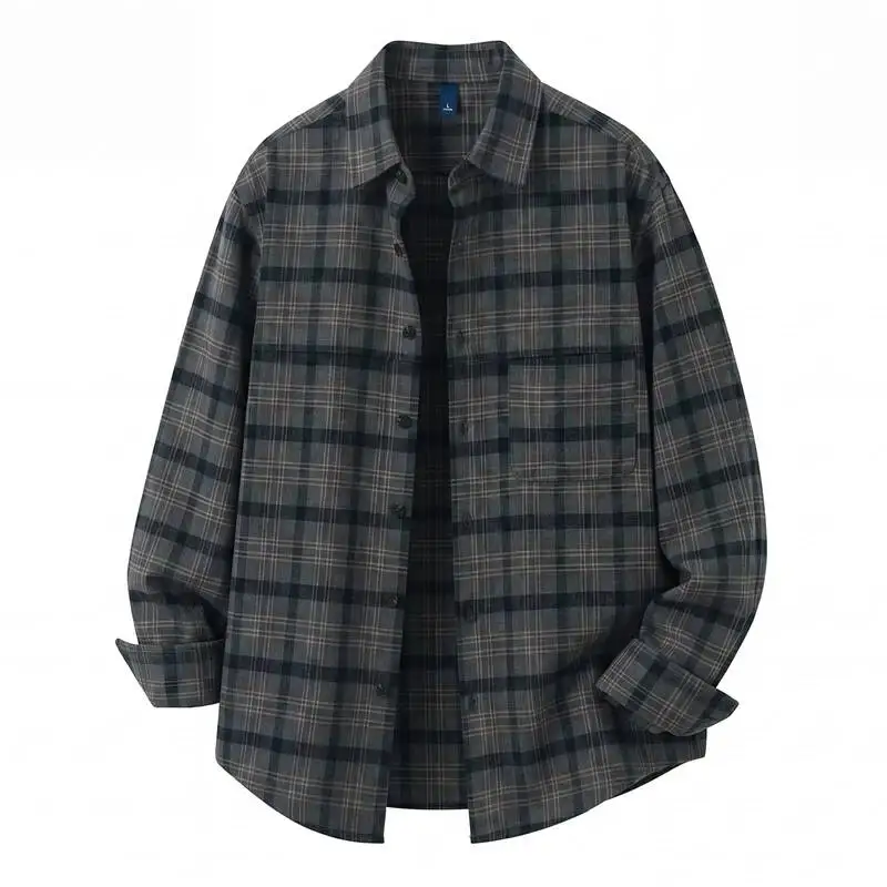T American retro brushed plaid longsleeve shirt for men, loose fit, trendy white, versatile, old money style price C45H