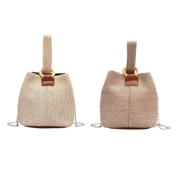 Beautiful Shoulder Chain Handbag Summer Straw Woven Bag Crossbody Bucket Bag Small Satchel for Women Girls Camping