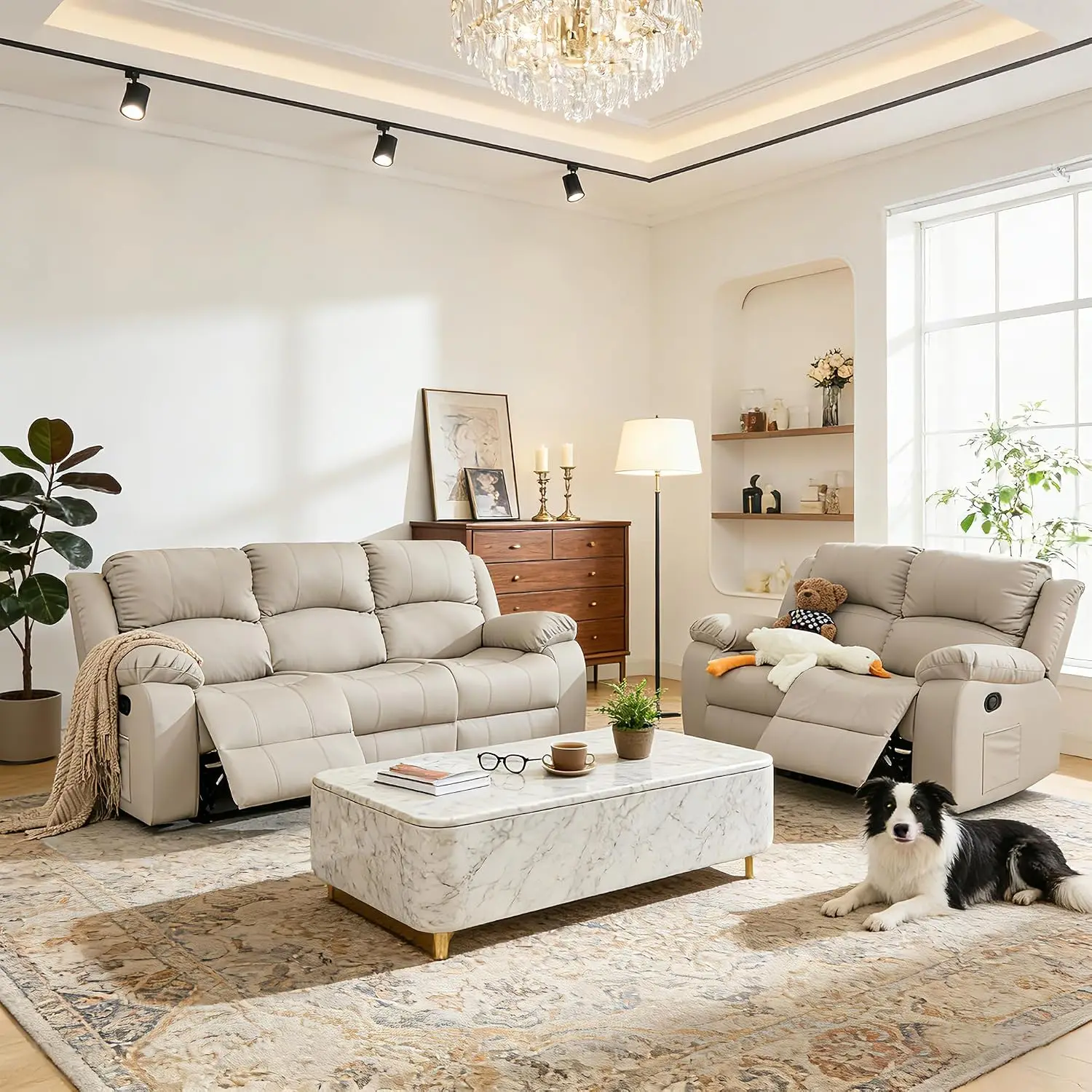 Anti-Scratch Leather Reclining Sofa Set, Grey, Customized